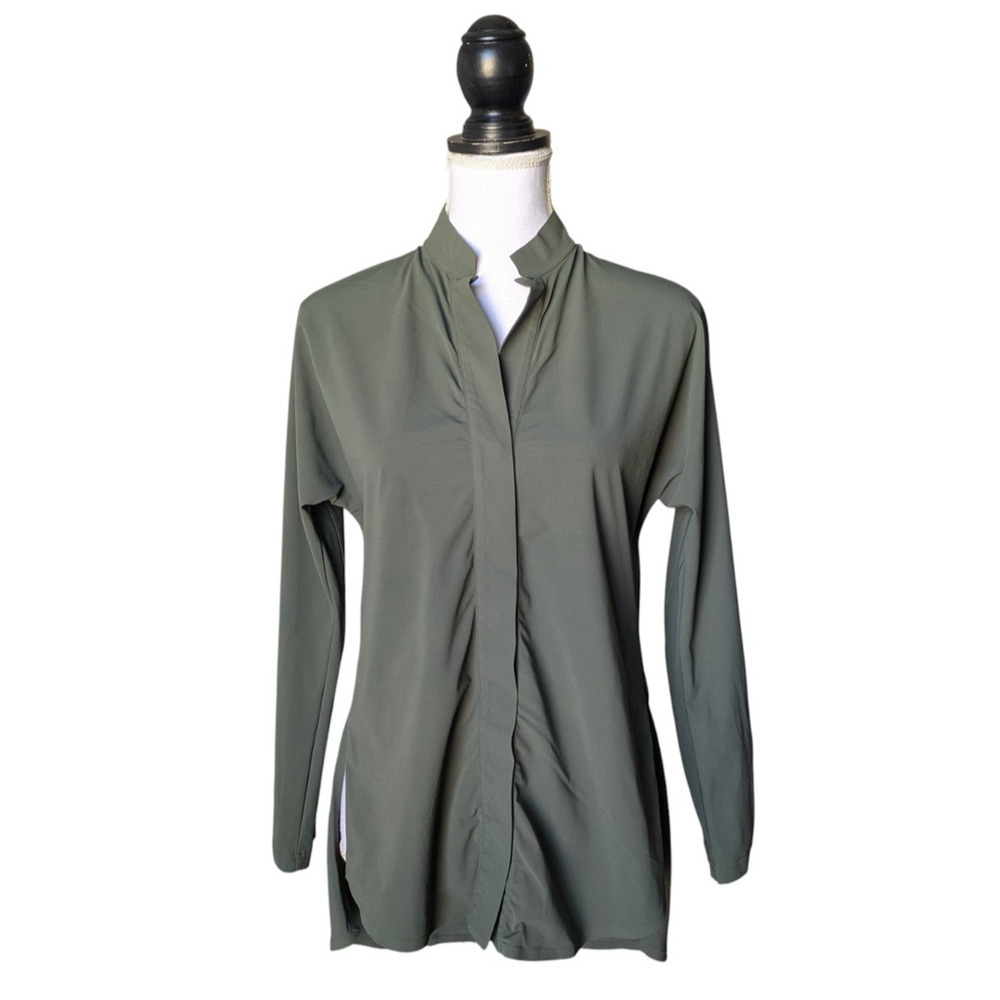 Aday Something Borrowed Moss Green Snap Button Tunic Top Travel Size XS Minimal